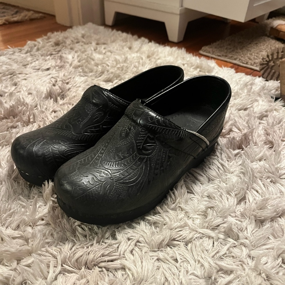 Dansko Black Engraved Clogs